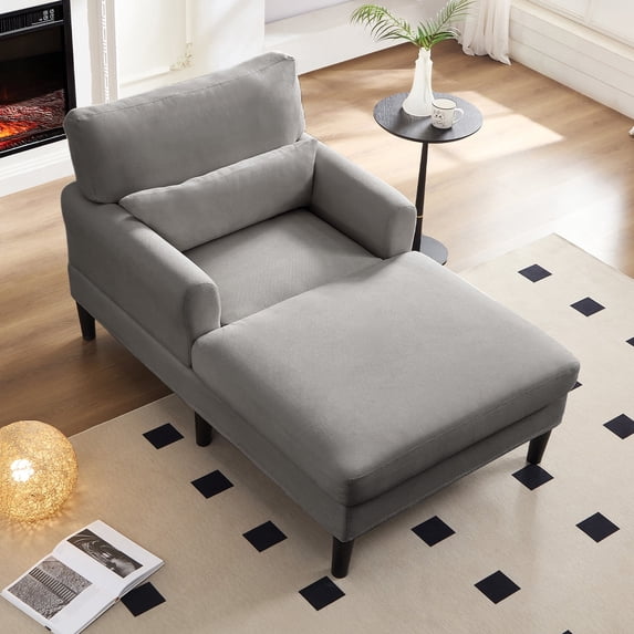 BALUS Chaise Lounge Chair Indoor, Oversized Velvet Sleeper Chair With Comfy Backrest Pillow, Modern Living Room Sofa Chair, Light Grey