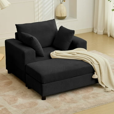 BALUS Chaise Lounge Chair Indoor with Ottoman, Oversized Corduroy Single Sofa Chair with 2 Pillows, Comfy Deap Sleeper Seat for Living Room, Black