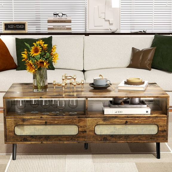 BALUS Coffee Table, Mid Century Modern Coffee Table with 2 Open Shelves and 2 Storage Cabinets for Living Room