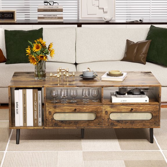 BALUS Coffee Table, Mid Century Modern Coffee Table with 3 Open Shelves and 2 Storage Cabinets for Living Room