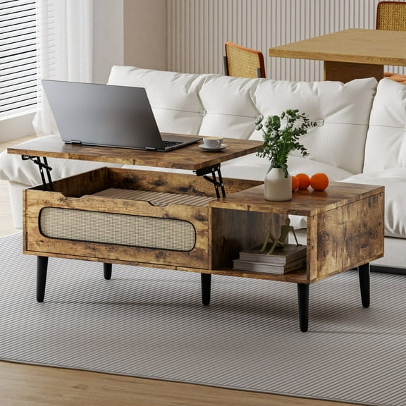 BALUS Coffee Table, Mid Century Modern Coffee Table with Lift-Top Design, Open Shelf and Storage Cabinet for Living Room