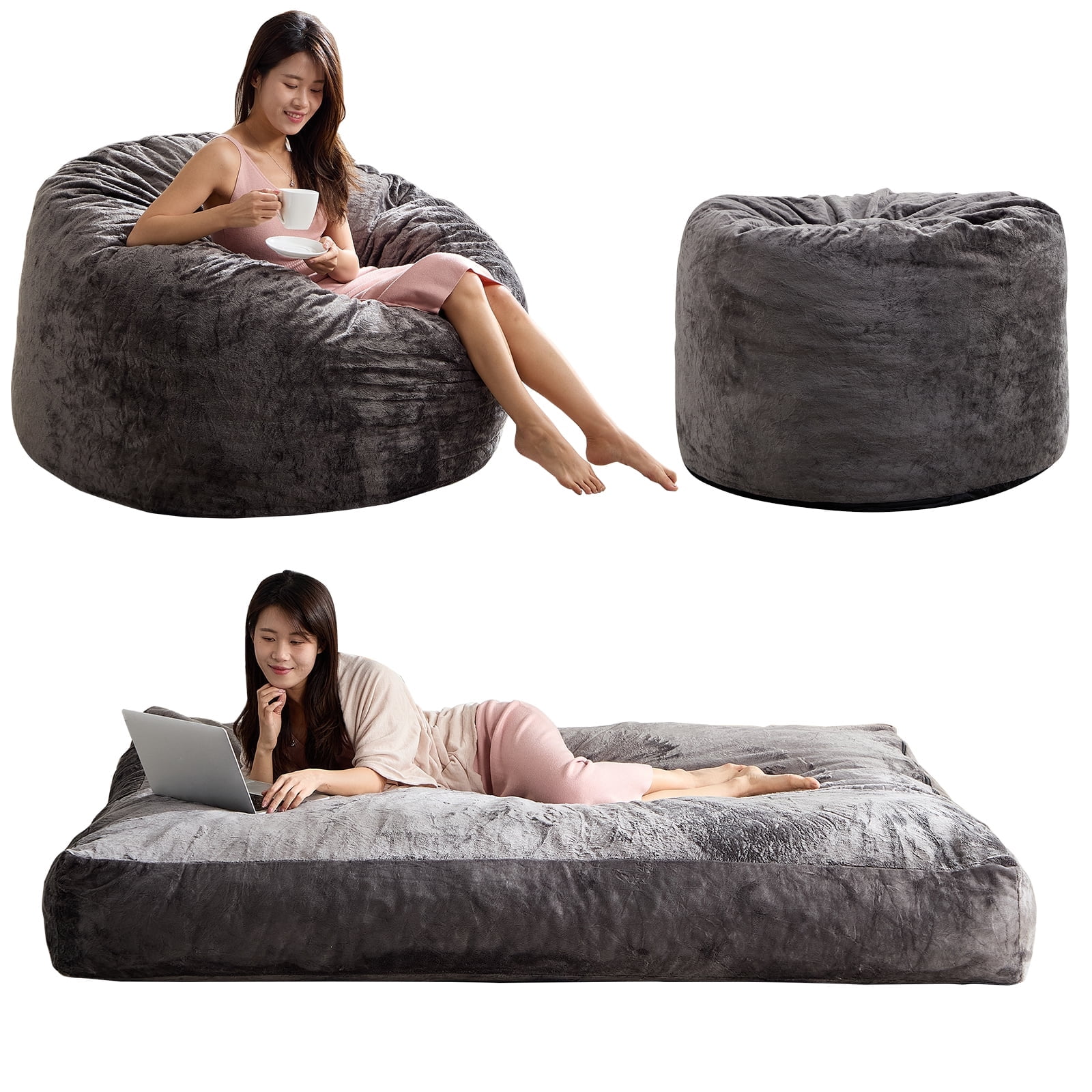 BALUS Convertible 2-in-1 Bean Bag Chair & Bed with Removable Velvet ...