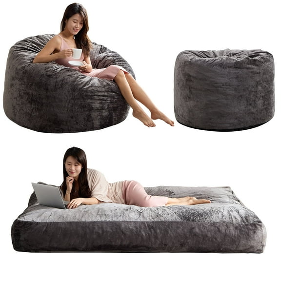 BALUS Convertible 2-in-1 Bean Bag Chair & Bed with Removable Velvet Covers, Memory Foam Giant Bean Bag for Apartment, Light Grey