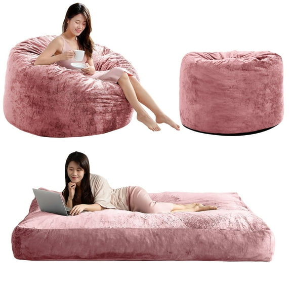BALUS Convertible 2-in-1 Bean Bag Chair & Bed with Removable Velvet Covers, Memory Foam Giant Bean Bag for Apartment, Pink