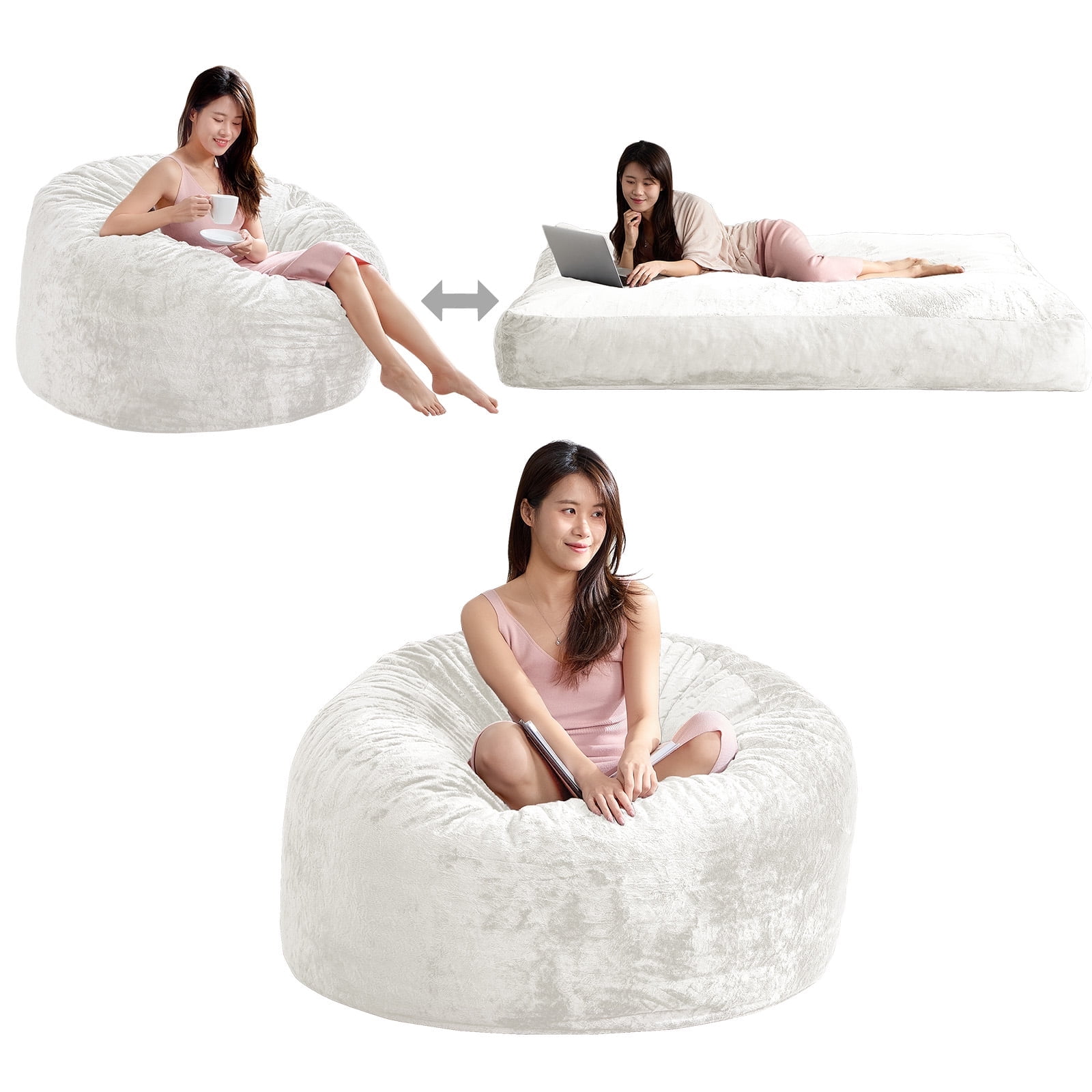 BALUS Convertible 2-in-1 Bean Bag Chair & Bed with Removable Velvet Covers, Memory Foam Giant Bean Bag for Apartment, White