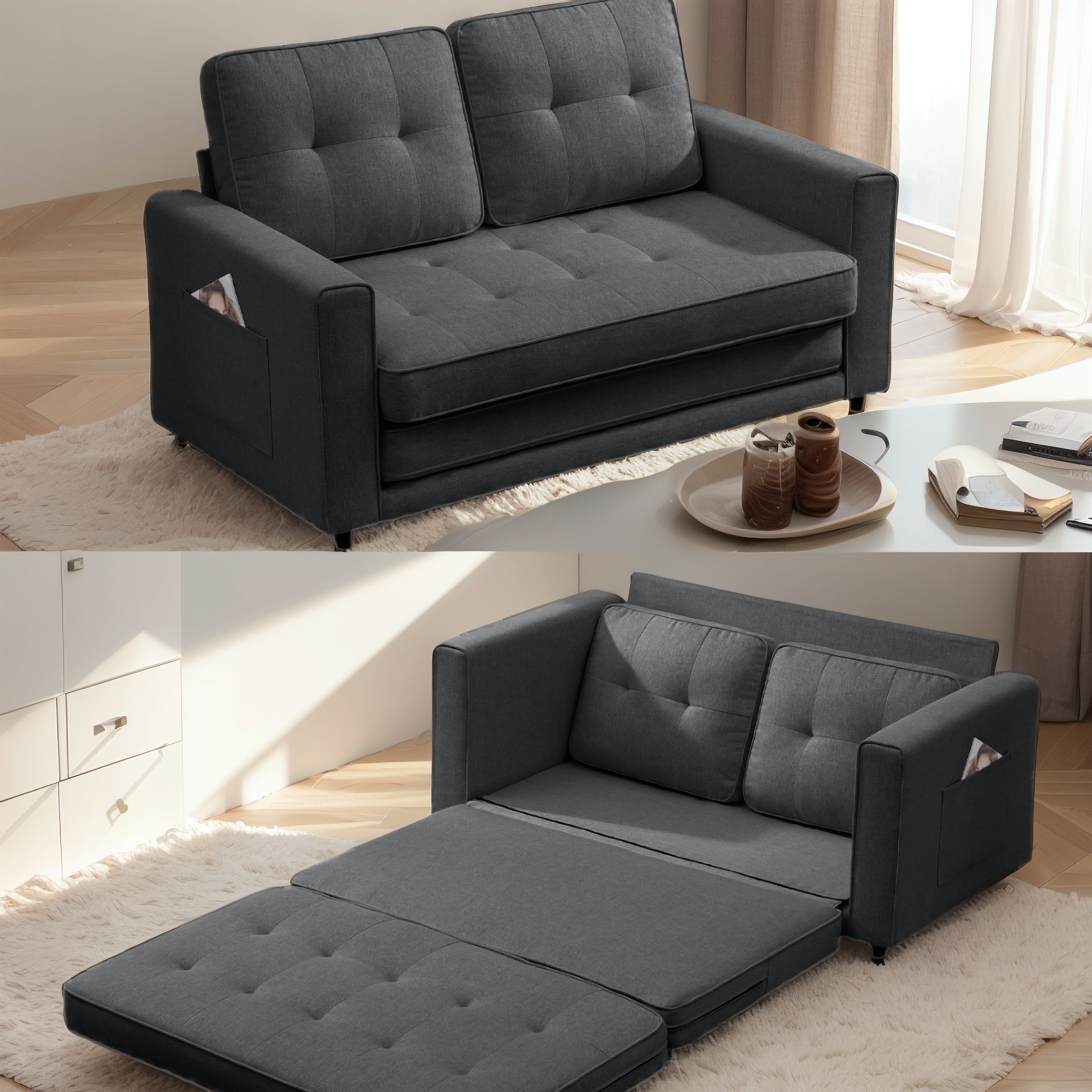 Small Sofa Couch Futon with Fold Up Bed and Adjustable Backrest