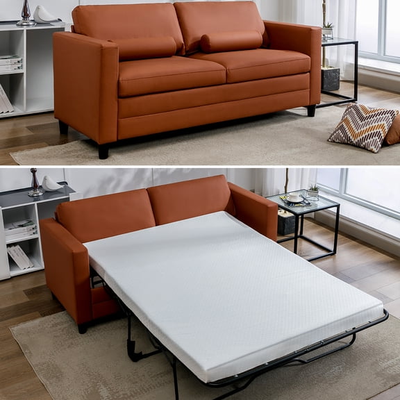 BALUS Convertible Sofa Bed, Full Size Leather Upholstery Sleeper Sofa, Super Comfy Pull Out Sofa Bed for Living Room, Cognac Tan