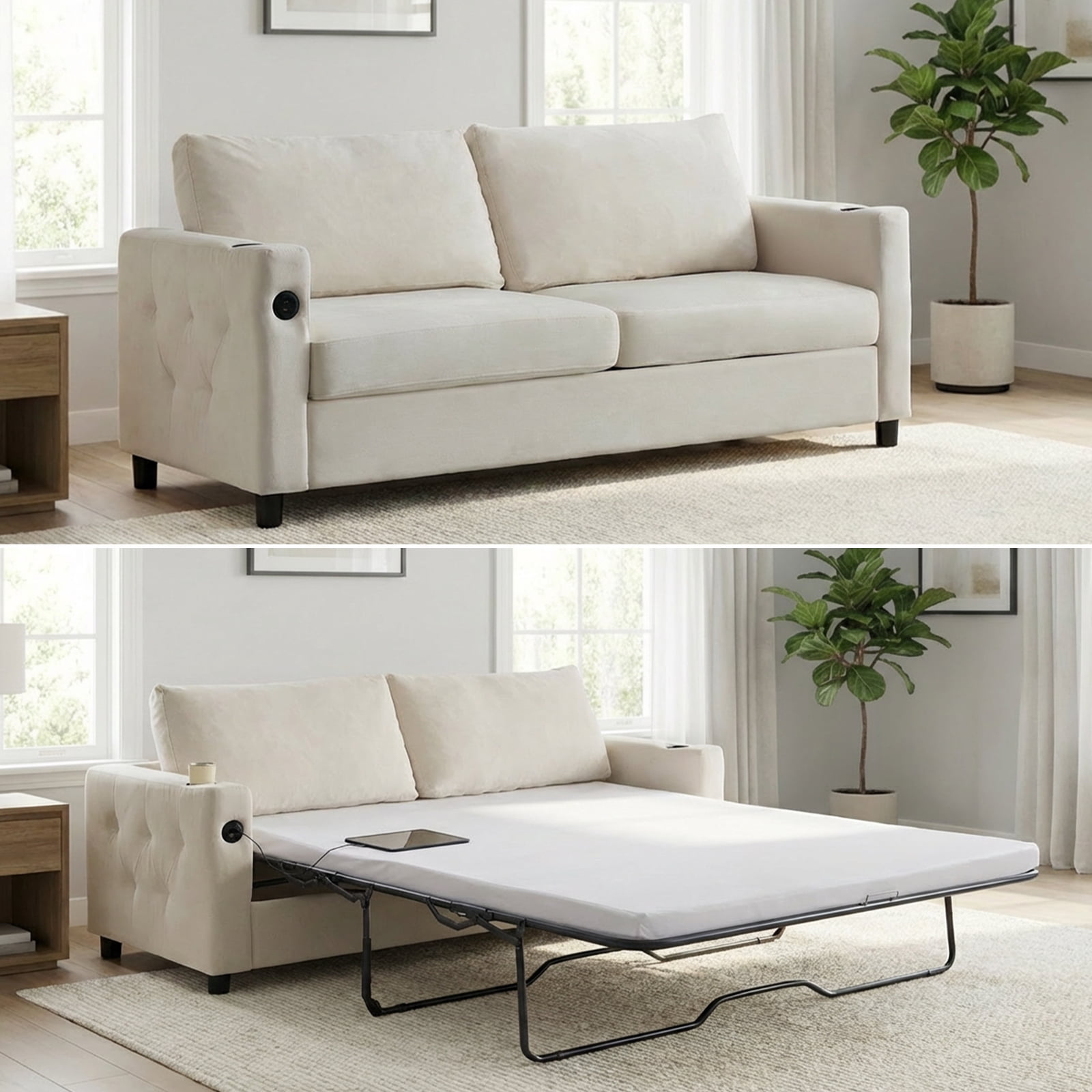BALUS Convertible Sofa Bed, Full Size Velvet Pull Out Couch Bed with USB & Cup Holders, Modern Living Room Sleeper Couch, Beige