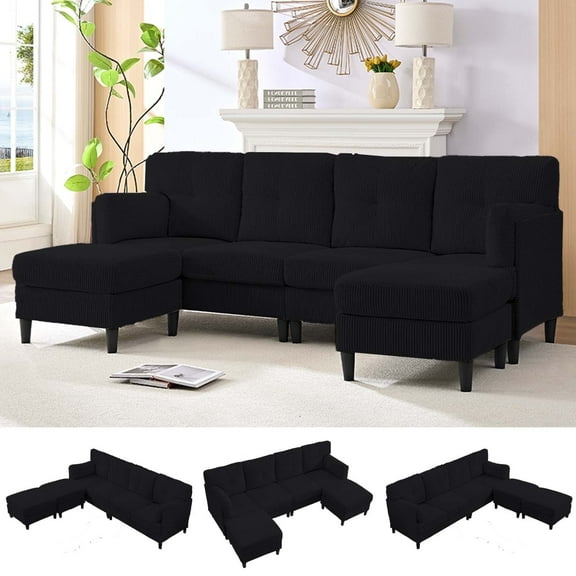 BALUS 87" Convertible U Shape Sectional Sofa with 2 Moveable Ottomans, 6 Seat Modular Sectional Couch for Living Room/ Apartment, Corduroy, Black