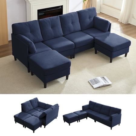 BALUS 87" Convertible U Shape Sectional Sofa with 2 Moveable Ottomans, 6 Seat Modular Sectional Couch for Living Room/ Apartment, Flannelette,Blue