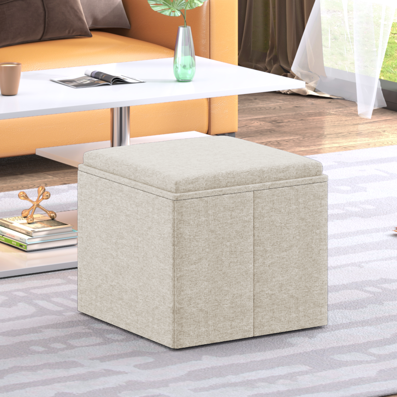 BALUS Cube Storage Ottoman ,Tufted Foot Stool & Coffee Table ,Linen