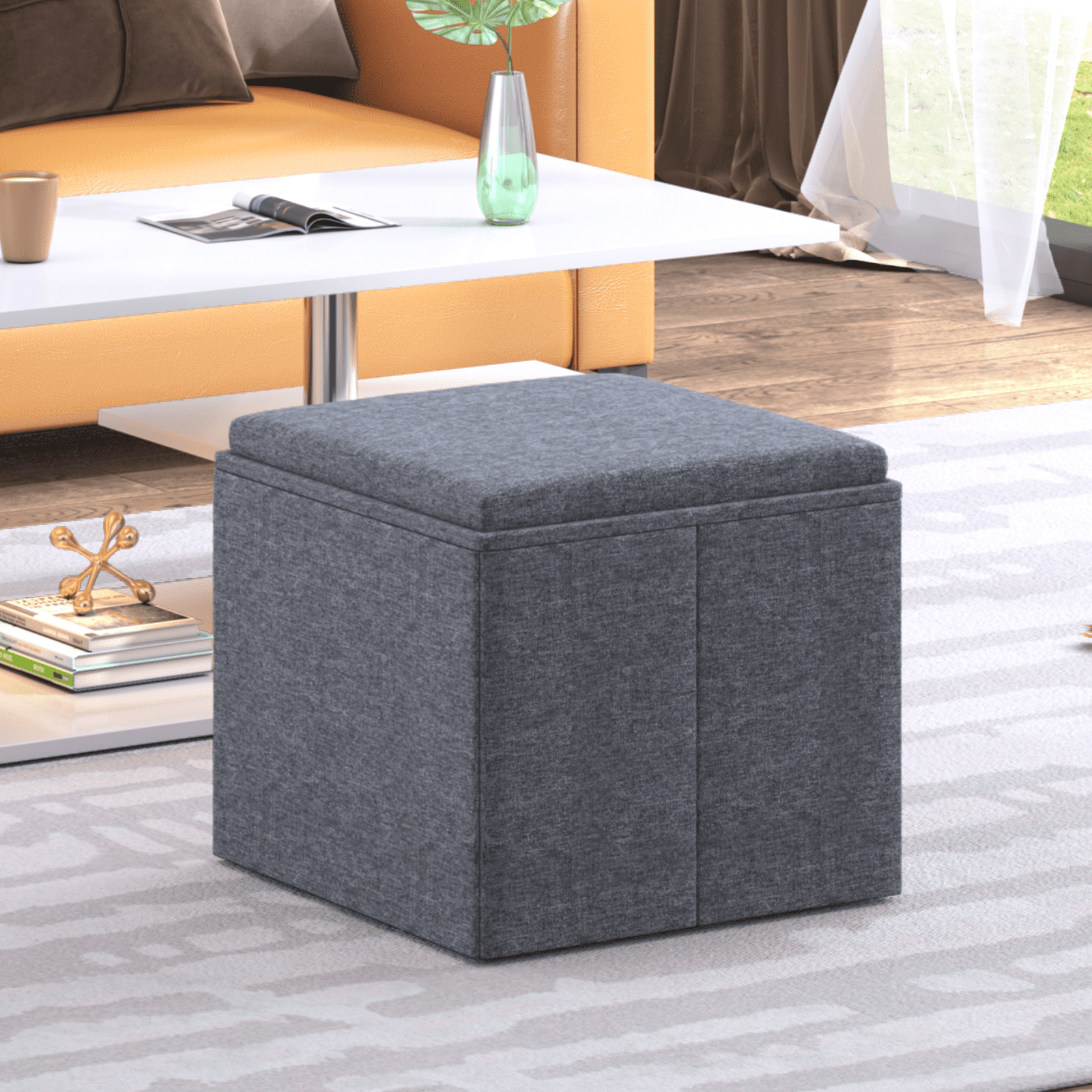 BALUS Cube Storage Ottoman ,Tufted Foot Stool & Coffee Table ,Linen