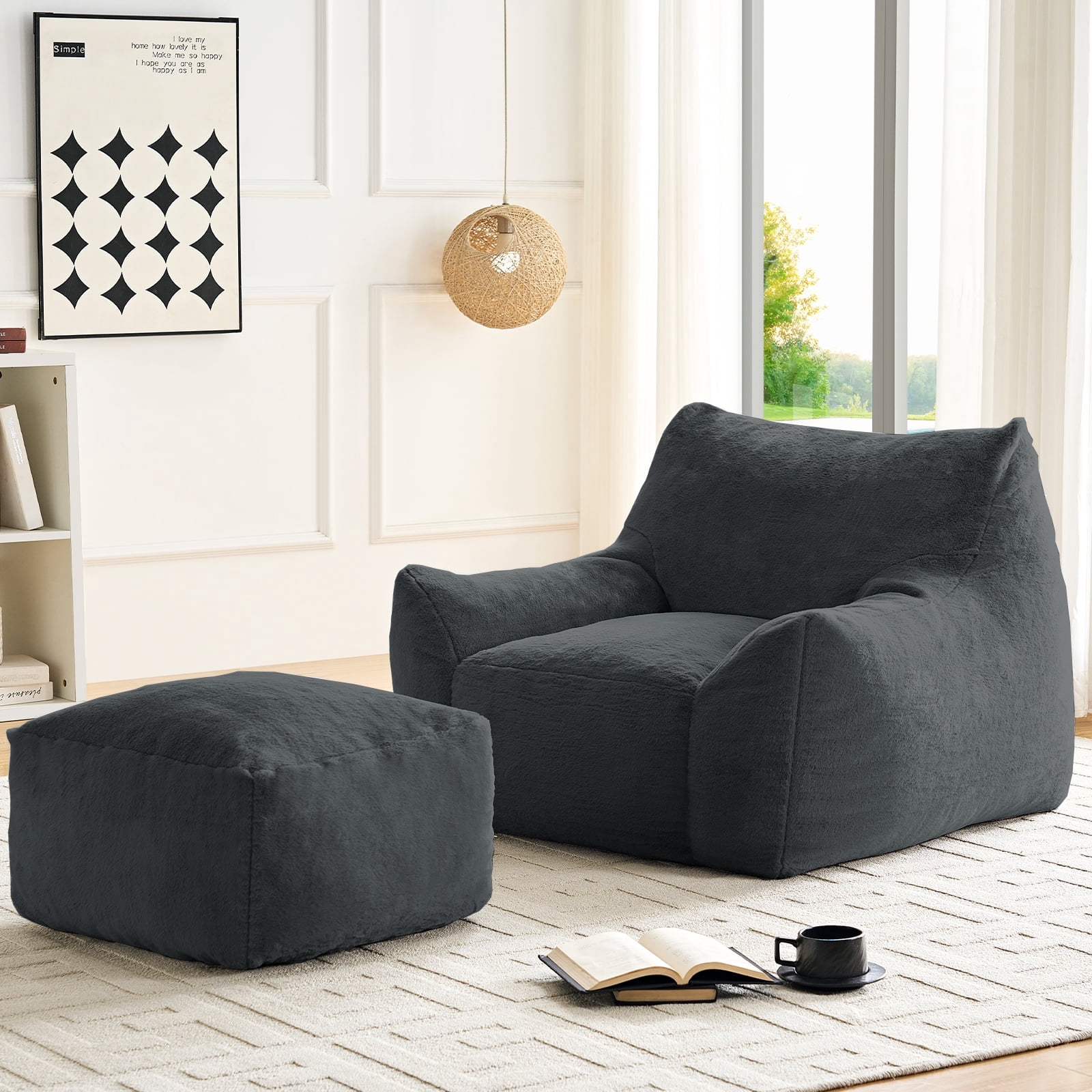 BALUS 42" Faux Fur Bean Bag Chair with 23" Ottoman and Armrests, Bean Bag Chair for Adults, Comfy Chair with Armrests for Bedroom, Dark Gray