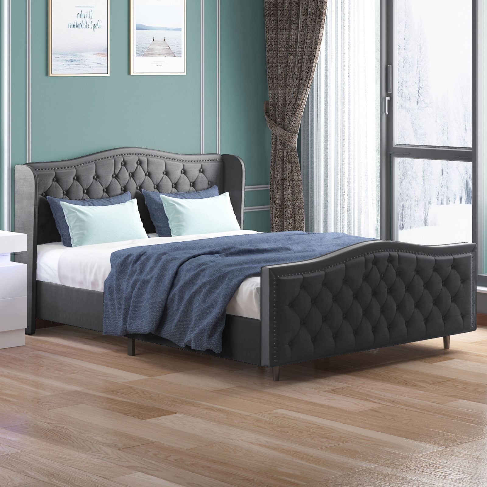 Upholstered bed store with wings