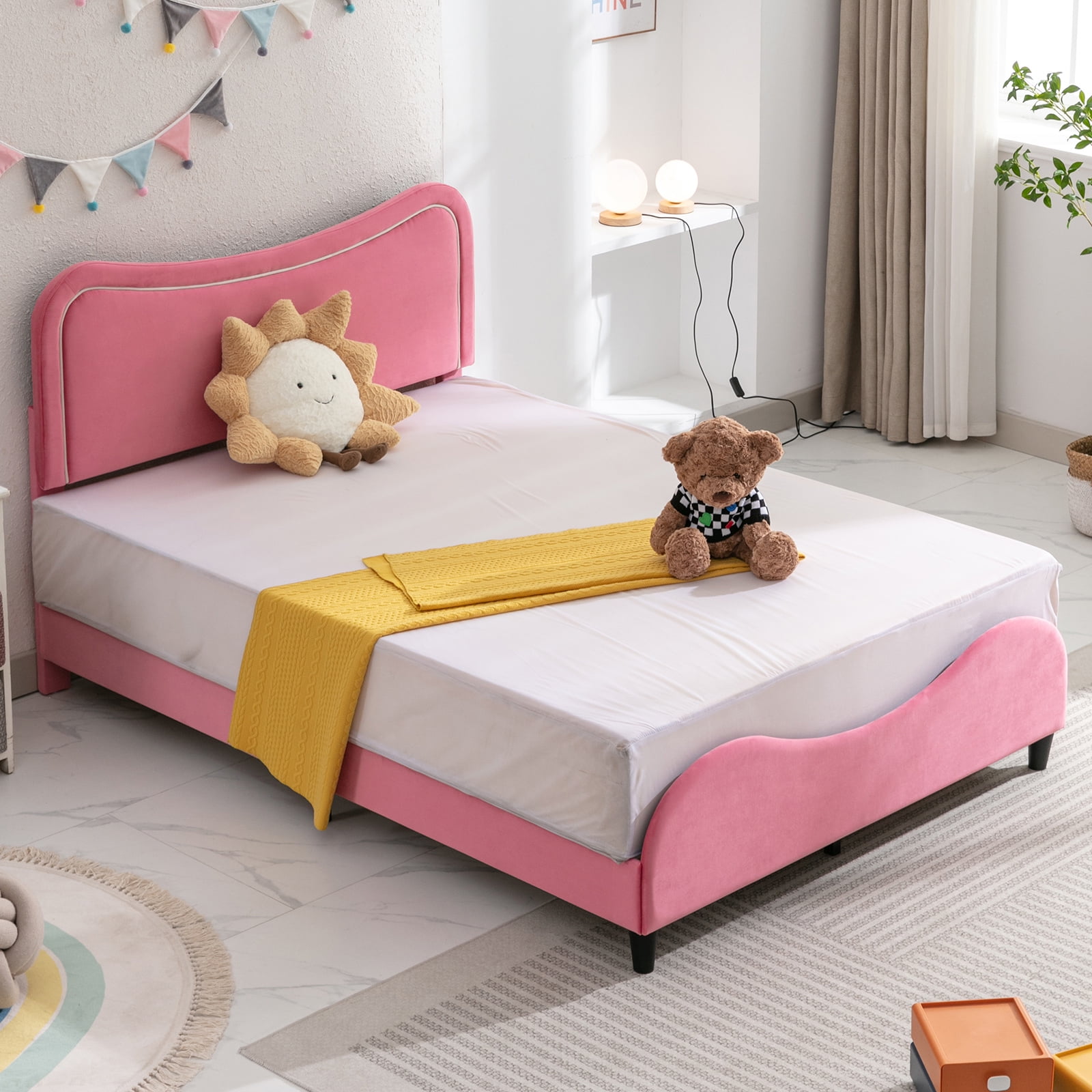 BALUS Full Bed Frames for Kids, Wood Upholstered Full Bed Platform with