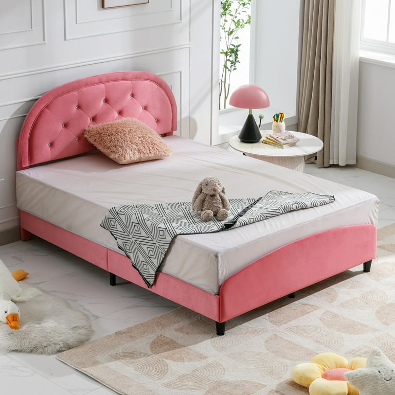 BALUS Pink Full Size Bed Frame with Upholstered Headboard Toddler Platform Bed No Box Spring Needed Walmart