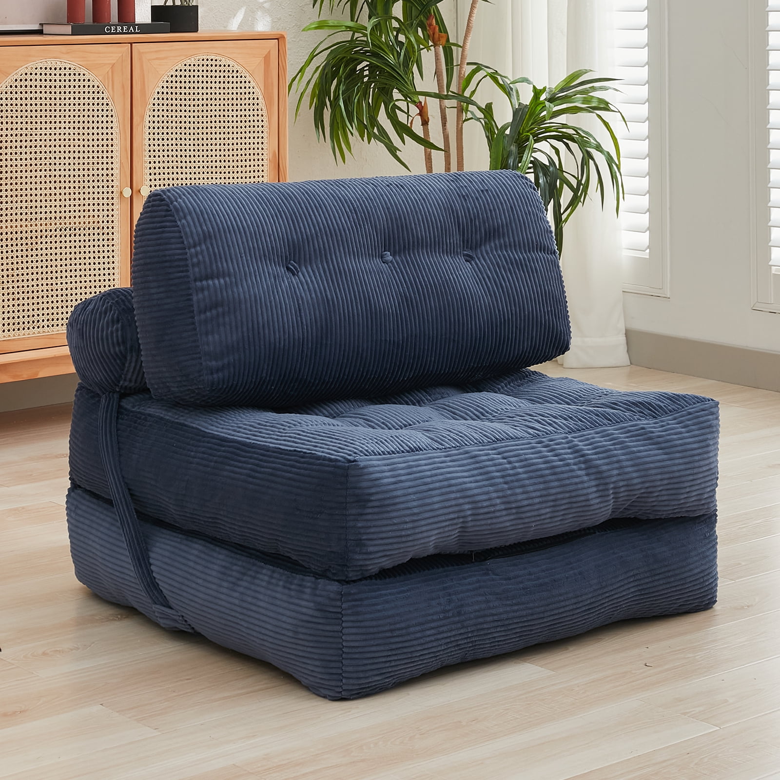 BALUS  Boneless Futon Couch Bed, No Assembly Sofa Chair for Sleeping, Dorm Sofa Bed for Apartment/ Living Room, Corded, Dark Blue