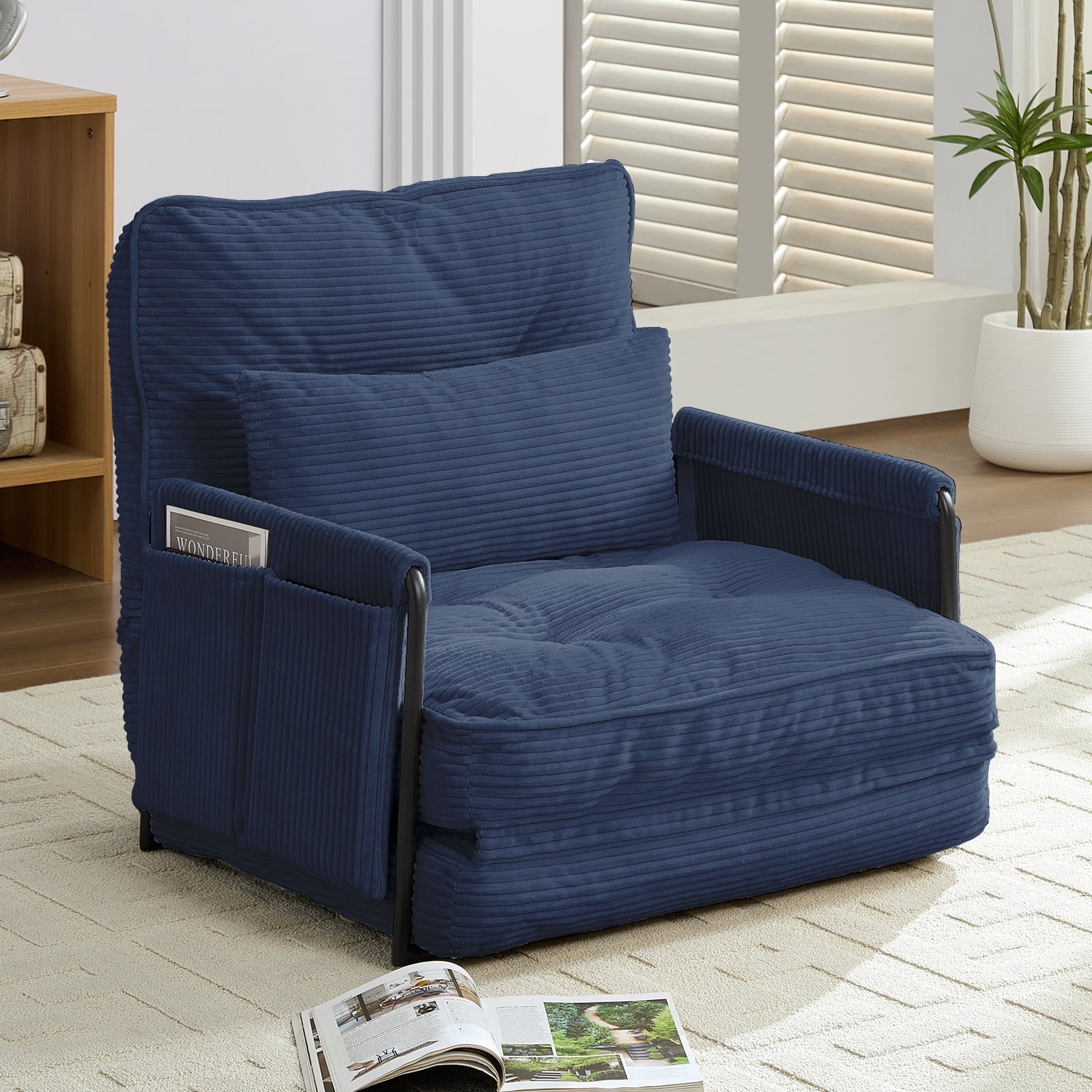 BALUS Futon Folding Sofa Bed, 4-in-1 Floor Couch with Foldable Mattress, Convertible sofa beds for Living Room, Corduroy, Dark Blue