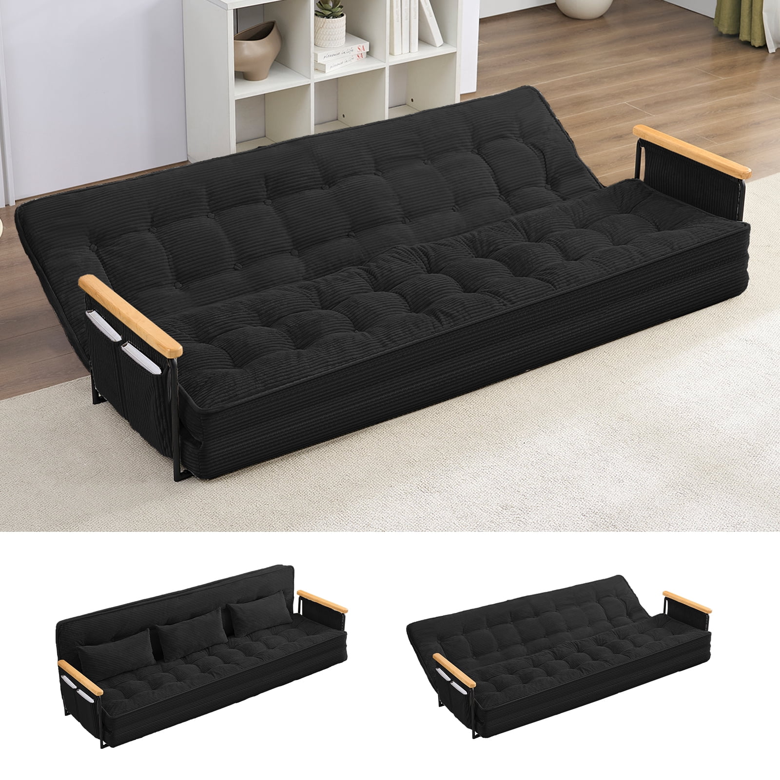 BALUS Futon Sofa Bed, 4-in-1 Corduroy Floor Couch Bed with Folding Mattress, Convertible Sleeper Sofa for Living Room, Black