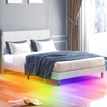BALUS King Bed Frame with RGB LED Light Underneath, Platform with Headboard, Controlled by Alexa or APP, Solid Real Wood Slats Support, Easy Assembly, No Box Spring Needed, White