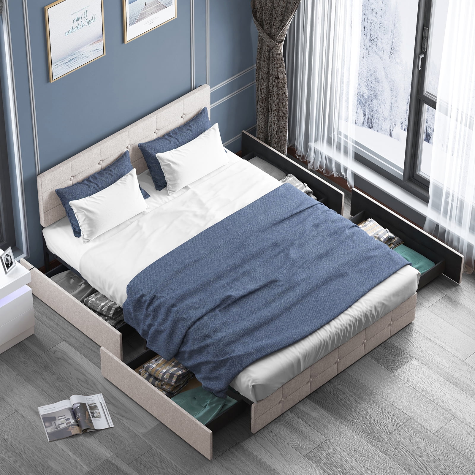 BALUS King Storage Bed Frame with Upholstered Headboard, 4 Drawers with