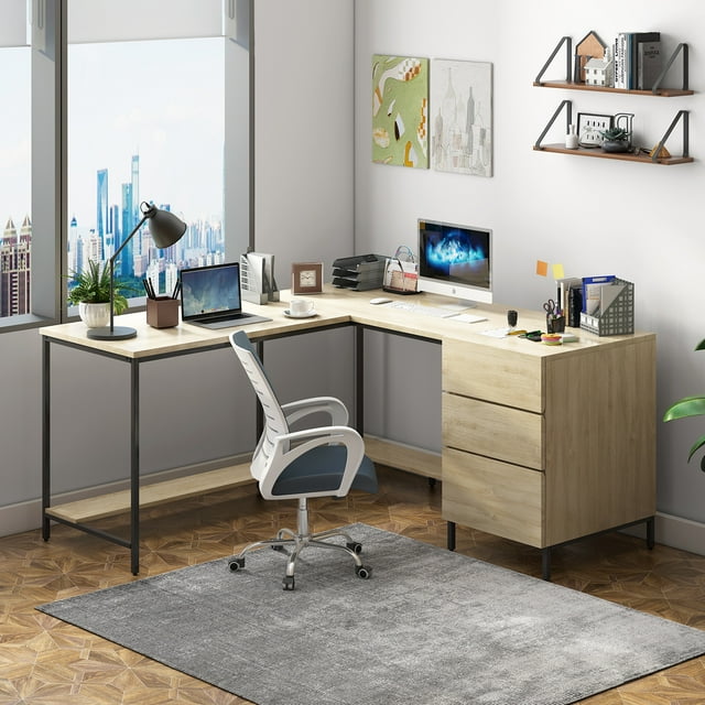 BALUS L Shaped Computer Desk With 3 File Drawer, Coner Desk with Bottom Storage Shelf for Office, Natural Wood