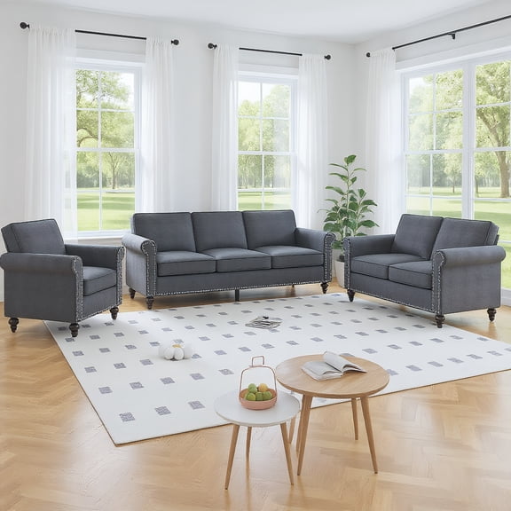 BALUS Linen 2 Pieces Sofa Set , Sofa and Loveseat Sets for Living Room, Sectional Sofas Couch Sets with Wood Frame, Dark Gray