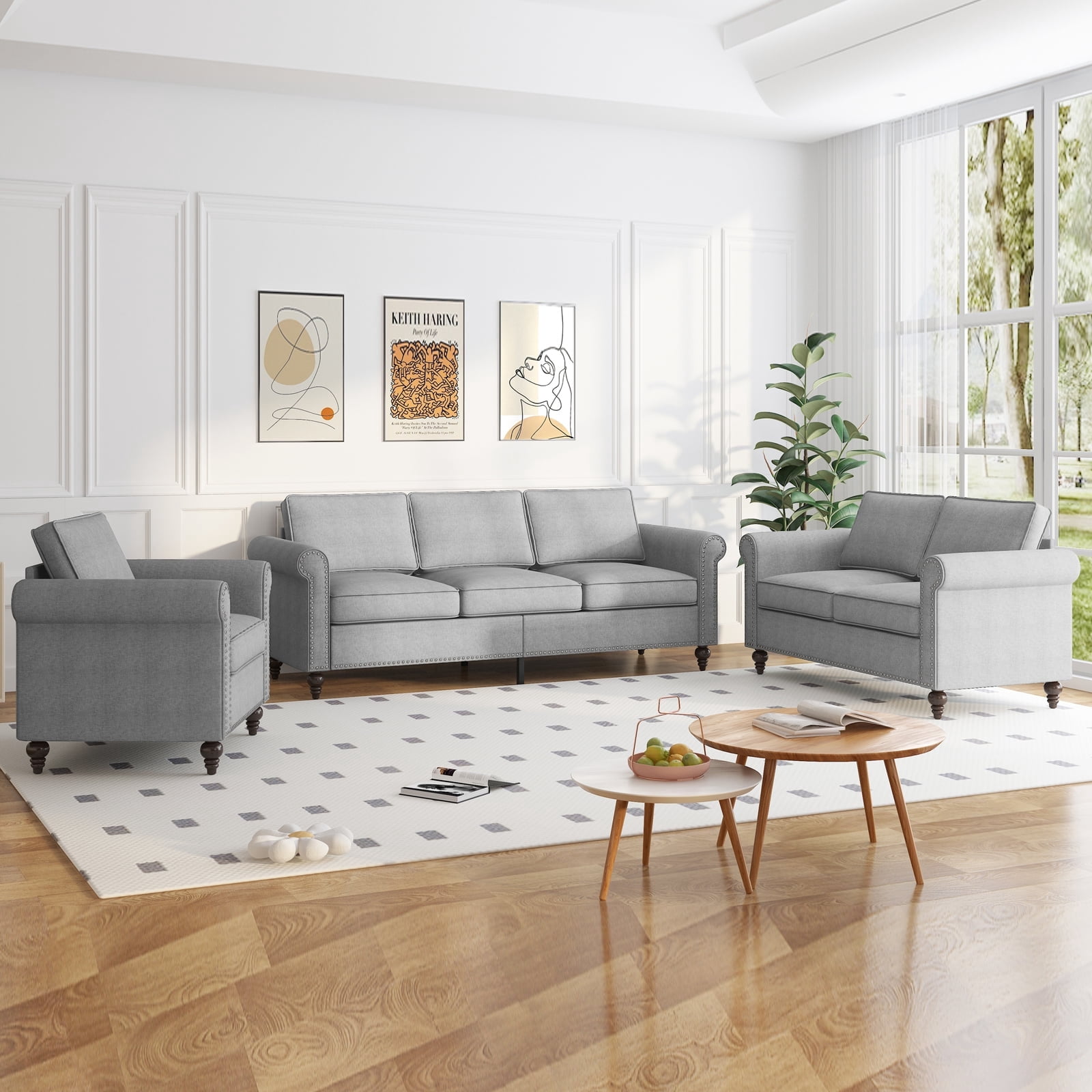 BALUS Living Room Sofa Set, Linen Fabric Sectional Sofa and Loveseat Sets, Free Combination Couch Perfect for Small Spaces, Light Grey