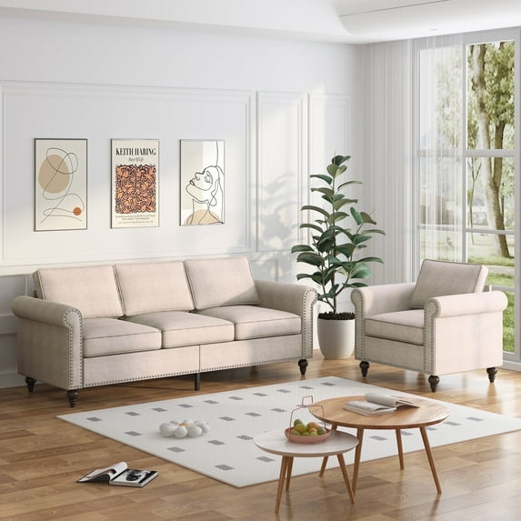 BALUS Living Room Sofa Set, Linen Fabric Sectional Sofa and Loveseat Sets, Free Combination Couch Perfect for Small Spaces, Beige