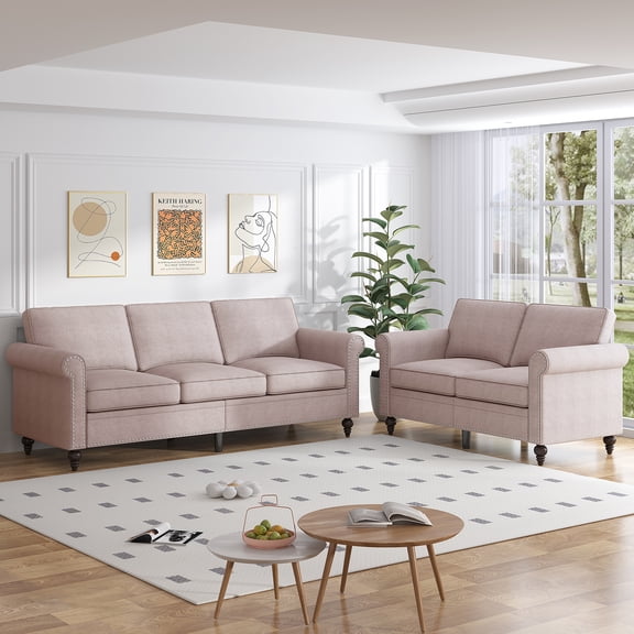 BALUS Living Room Sofa Set, Linen Fabric Sectional Sofa and Loveseat Sets, Free Combination Couch Perfect for Small Spaces, Beige
