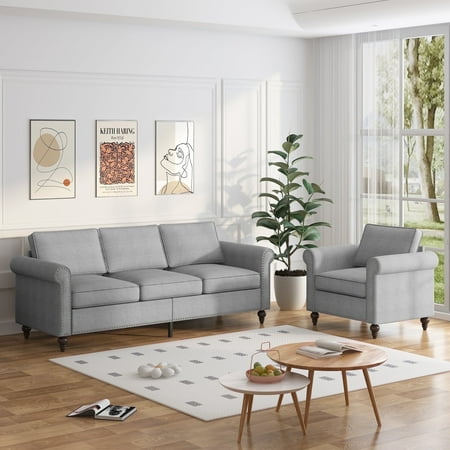 BALUS Living Room Sofa Set, Linen Fabric Sectional Sofa and Loveseat Sets, Free Combination Couch Perfect for Small Spaces, Light Grey