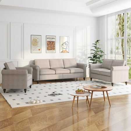 BALUS Living Room Sofa Set, Linen Fabric Sectional Sofa and Loveseat Sets, Free Combination Couch Perfect for Small Spaces, Beige