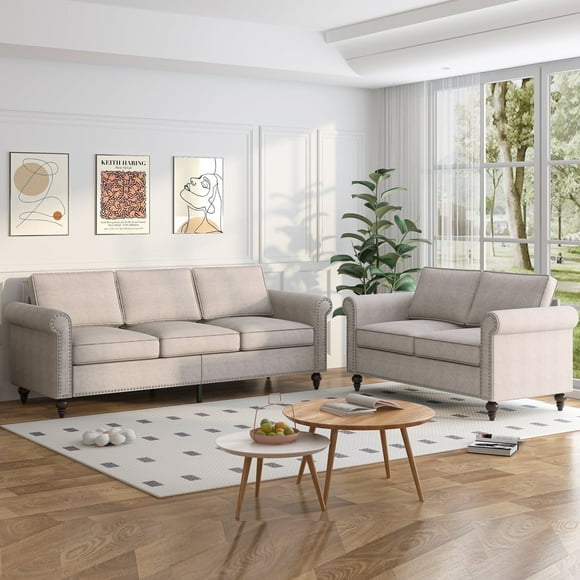 BALUS Living Room Sofa Set, Linen Fabric Sectional Sofa and Loveseat Sets, Free Combination Couch Perfect for Small Spaces, Beige