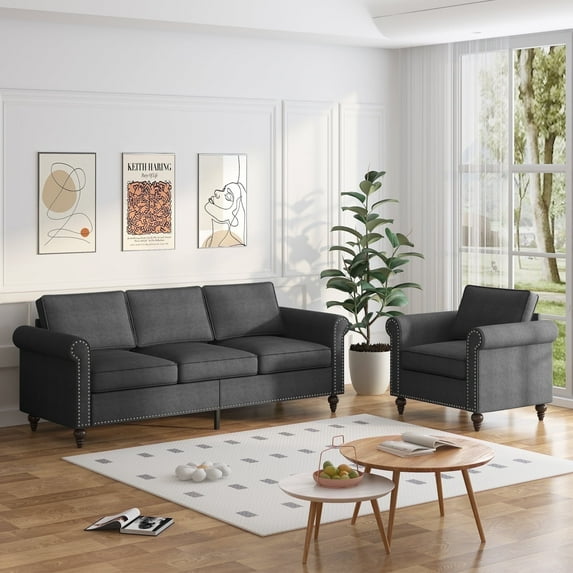 BALUS Living Room Sofa Set, Linen Fabric Sectional Sofa and Loveseat Sets, Free Combination Couch Perfect for Small Spaces, Dark Grey