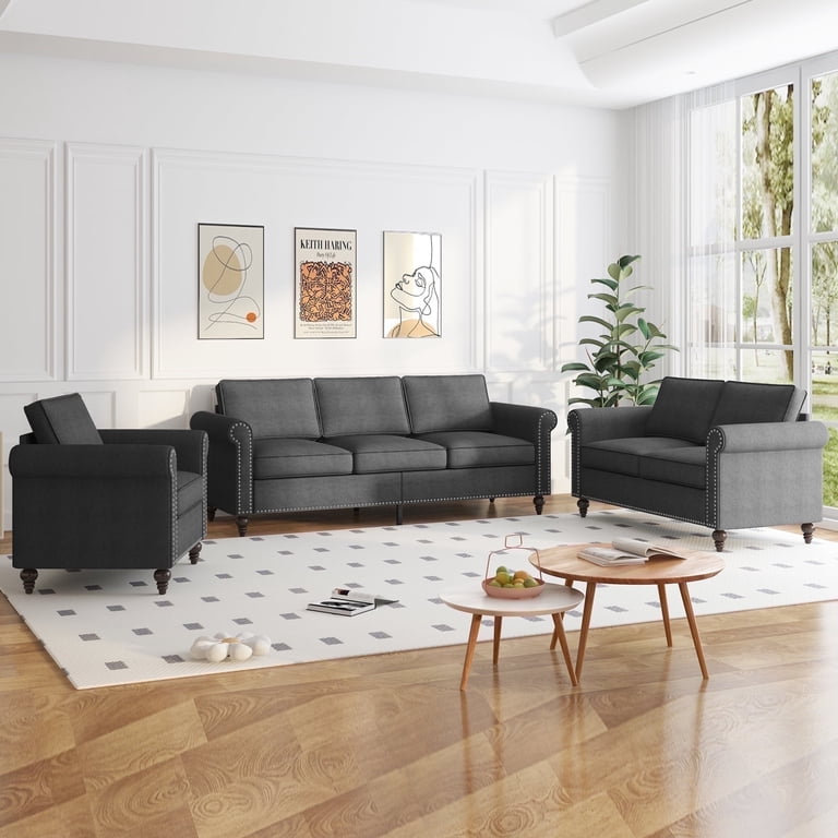 BALUS Modern 3 Piece Fabric Sofa Set, Three Seater, Loveseat, Chair for Living Room, Dark Grey