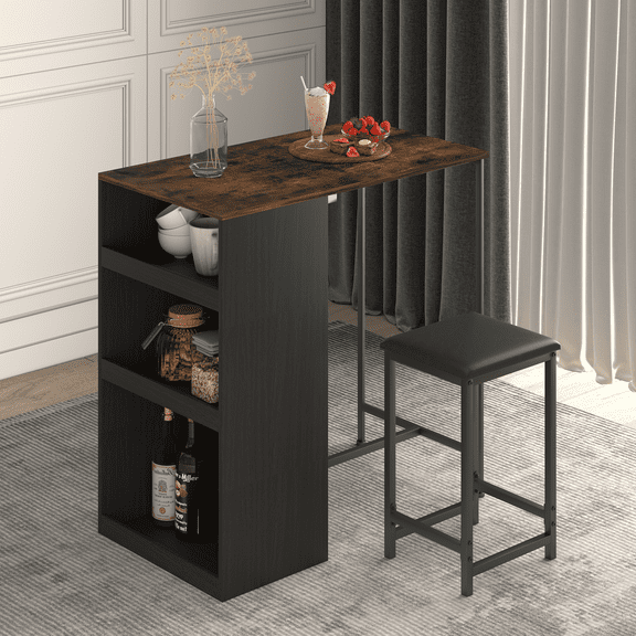 BALUS Modern Home Bar Table with Faux Leather Stools, Rustic Wood and Black Finish