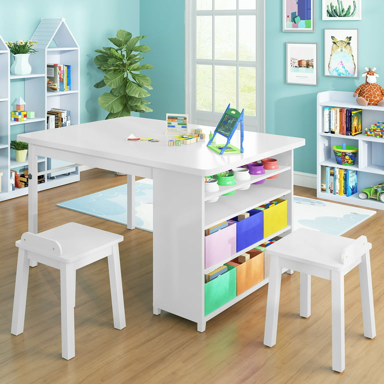 BALUS Modern Kids' Art Table and Stools Set (White), Wooden Drawing and  Painting Desk with Paper Roller and Removable Craft Supplies Storage Bins