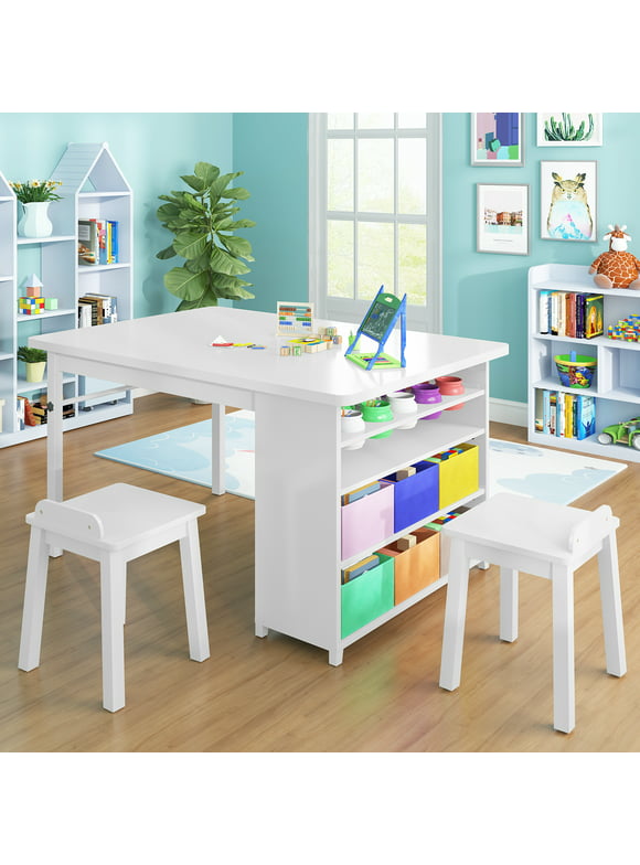 BALUS Modern Kids' Art Table and Stools Set (White), Wooden Drawing and Painting Desk with Paper Roller and Removable Craft Supplies Storage Bins
