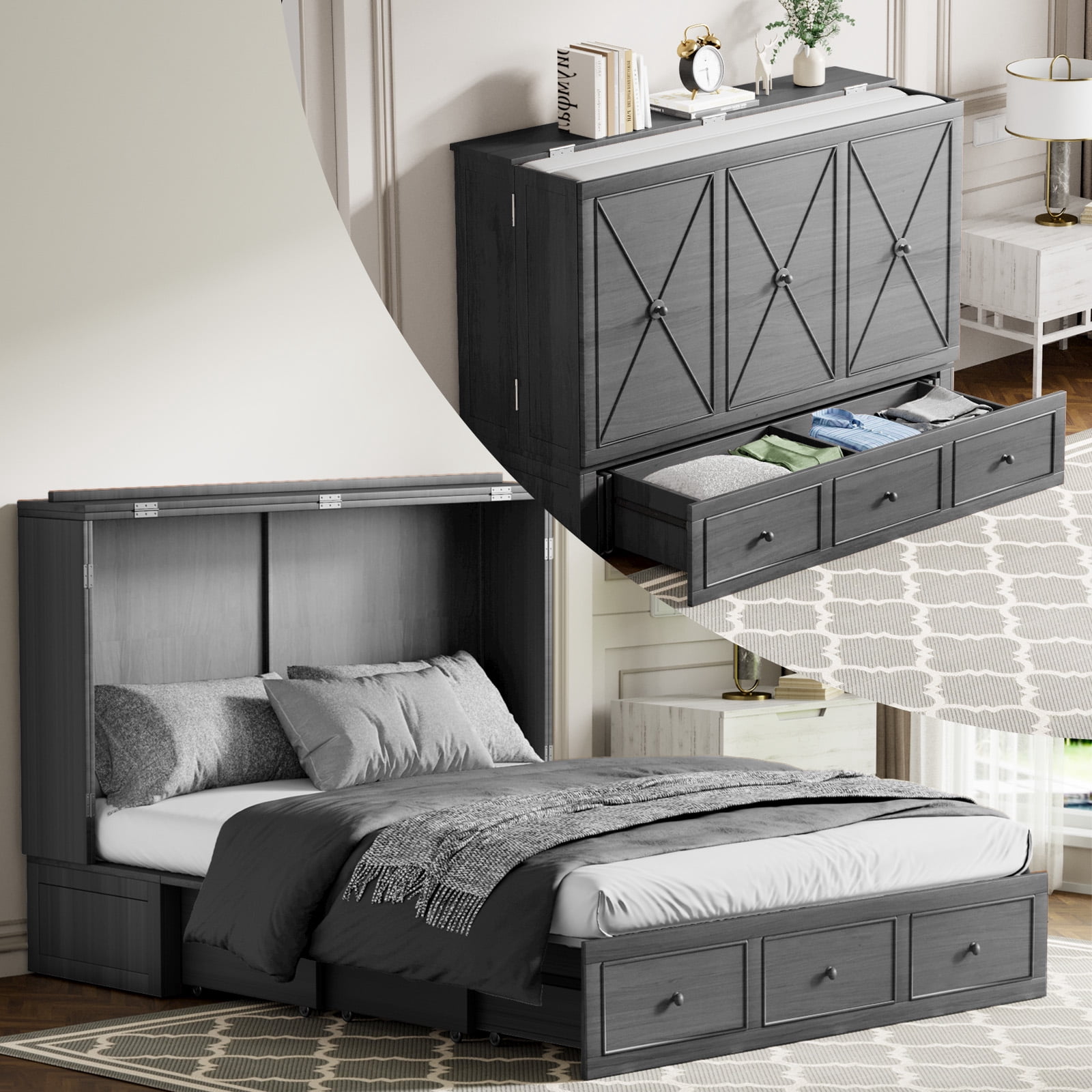 Photo inspiration: Fresh Look at Balus Modern Murphy Bed Queen Size Cabinet Bed Frame With