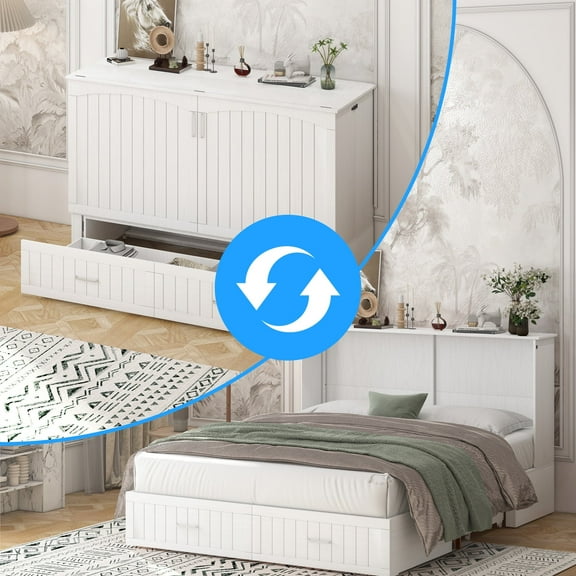 BALUS Modern Murphy Bed, Queen Size Cabinet Bed Frame with Shelves and USB Charging Station, Space-Saving Wall Bed for Guest Room, Apartment, White