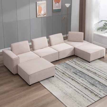 BALUS Modern Tufted Sectional Sofa, L-Shape Futon Couch for Living Room, Linen Fabric, Beige