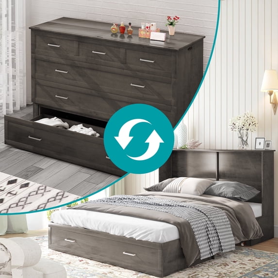 BALUS Murphy Bed Cabinet with Mattress,Modern Muti-Functional Cube Cabinet Bed with USB Charging Station&2 Large Drawers&3 Level Folding Foam Mattress for Living Room,Queen (Stone Grey)