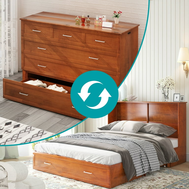 BALUS Murphy Bed Cabinet with Mattress Modern Muti Functional Cube Cabinet Bed with USB Charging Station 2 Large Drawers 3 Level Folding Foam Mattress
