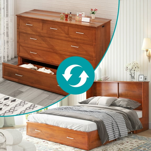 BALUS Murphy Bed Cabinet with Mattress,Modern Muti-Functional Cube Cabinet Bed with USB Charging Station&2 Large Drawers&3 Level Folding Foam Mattress for Living Room/Loft/Apartment,Queen (Cherry)