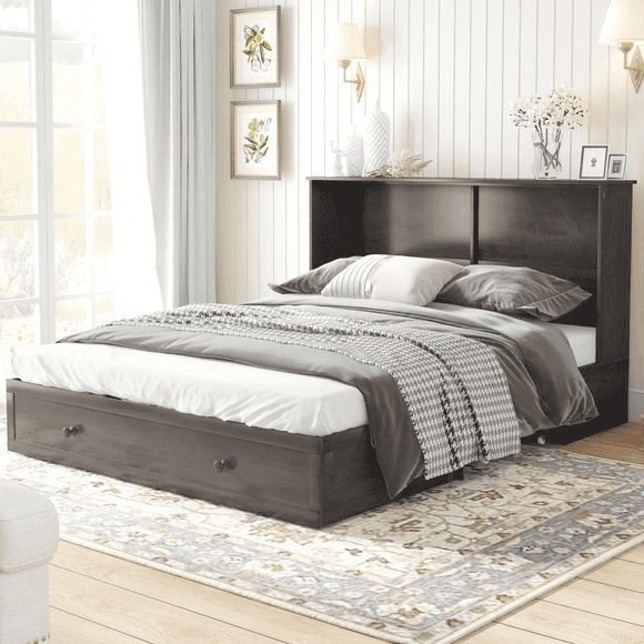 BALUS Murphy Bed Queen, Folding Bed with Charging Station and Mattress, Space-Saving Murphy Cabinet Chest Bed for Guest Room or Home Office, Sturdy Wood Construction, Easy Assembly, Grey