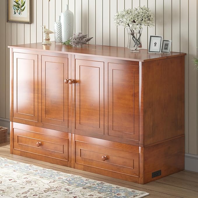 BALUS Murphy Cabinet Bed, Queen Size Memory Mattress for Bedroom, Cabinet Bed with Drawers Storage and USB Charging Station, Space Saving Wall Murphy Bed for Guest Apartment, Cherry
