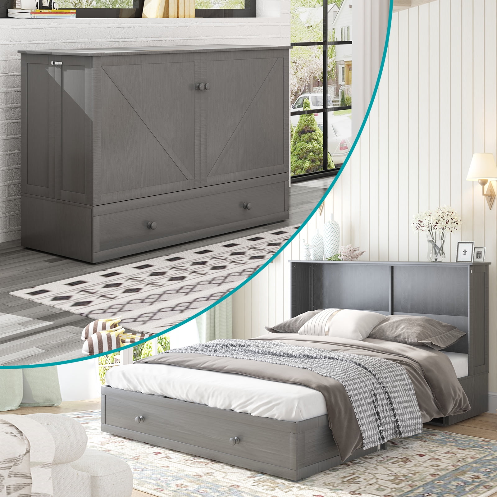 BALUS Murphy Bed Queen Size, Hideaway Bed with Trifold Mattress and