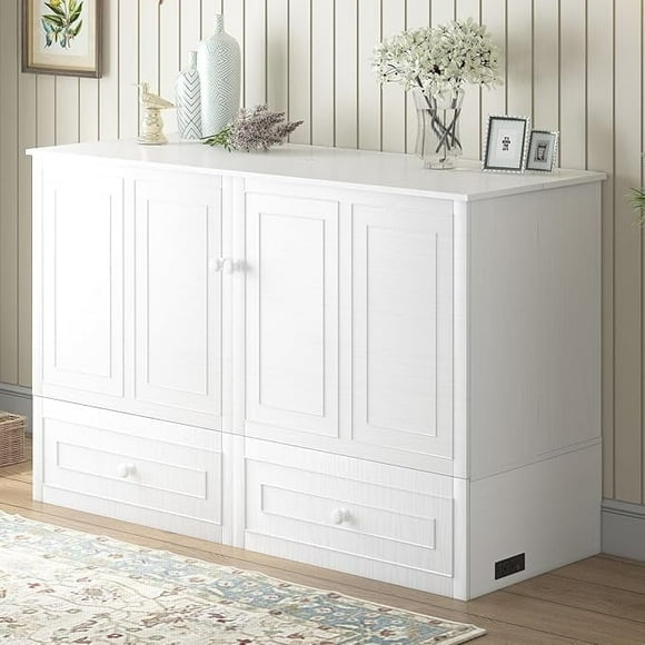 BALUS Murphy Cabinet Bed, Queen Size Memory Mattress for Bedroom, Cabinet Bed with Drawers Storage and USB Charging Station, Space Saving Wall Murphy Bed for Guest Apartment, White