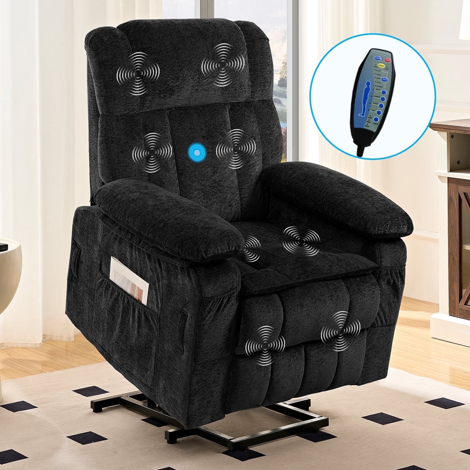 BALUS Oversized Power Lift Recliner with Dual Motor for Elderly, Velvet Arm Chair with Heat and Massage for Living Room, Black