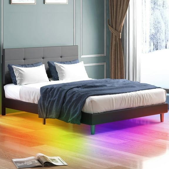 BALUS Queen Bed Frame with RGB LED Light Underneath, Controlled by Alexa or APP, Gray